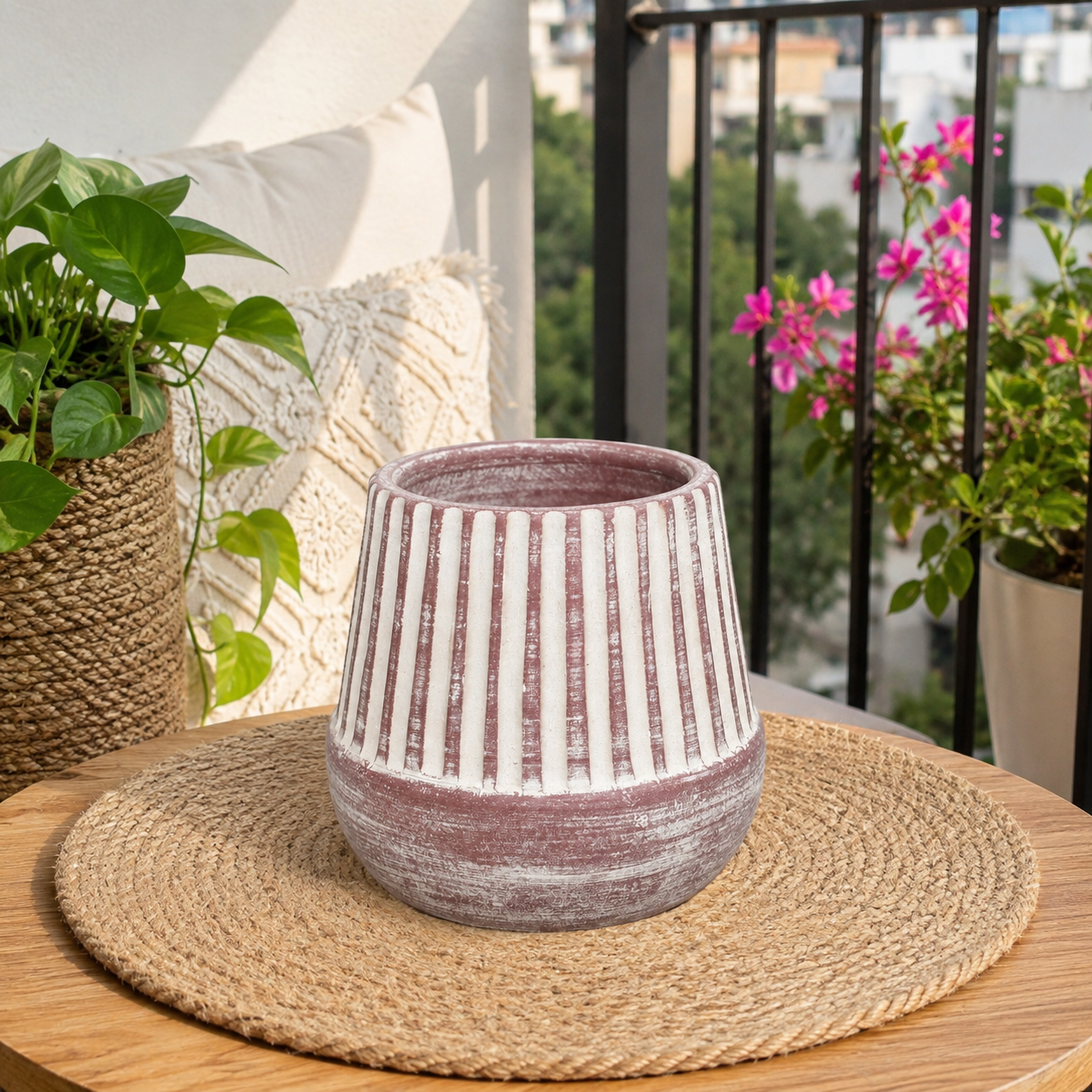 Vintage Blush & White Striped Ceramic Planter