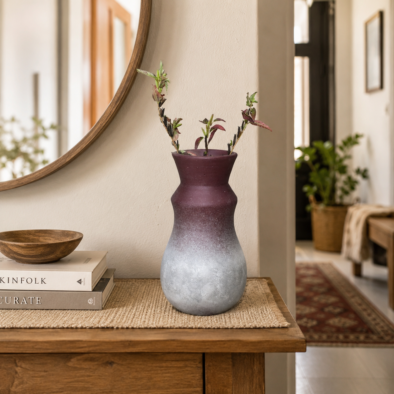 Ombre Hourglass Ceramic Planter – Burgundy & Silver Textured Finish
