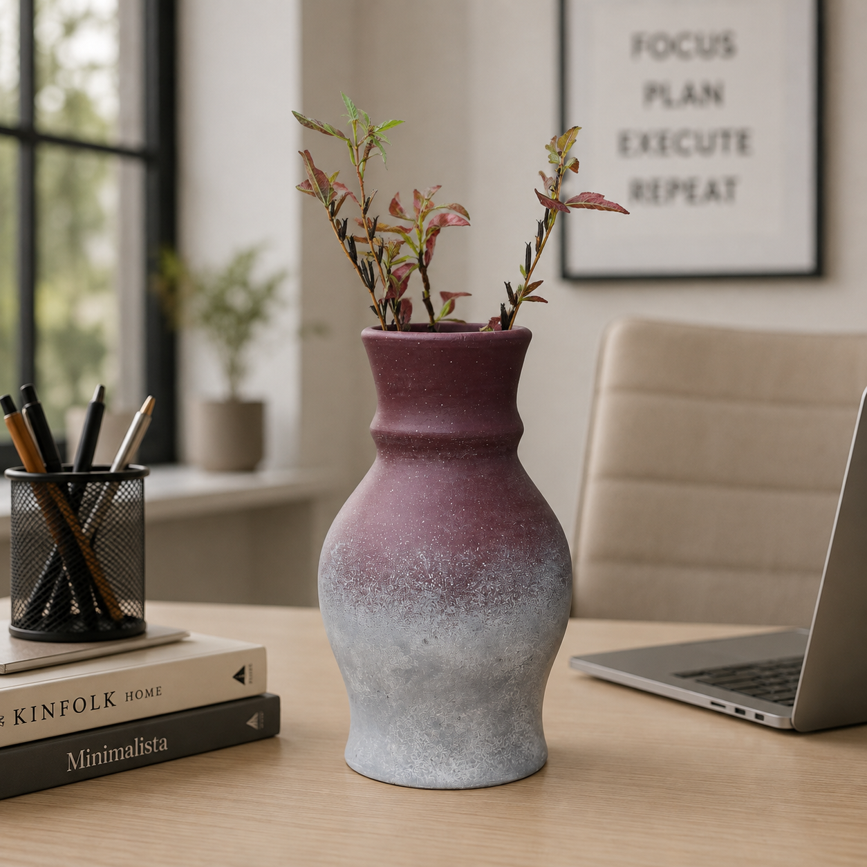 Ombre Sculpted Ceramic Planter – Burgundy & Silver Finish