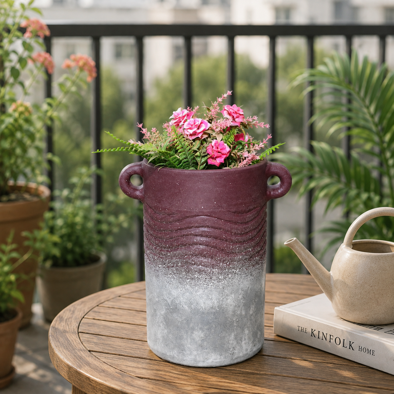 Rustic Ombre Ceramic Planter with Handles – Burgundy & Silver