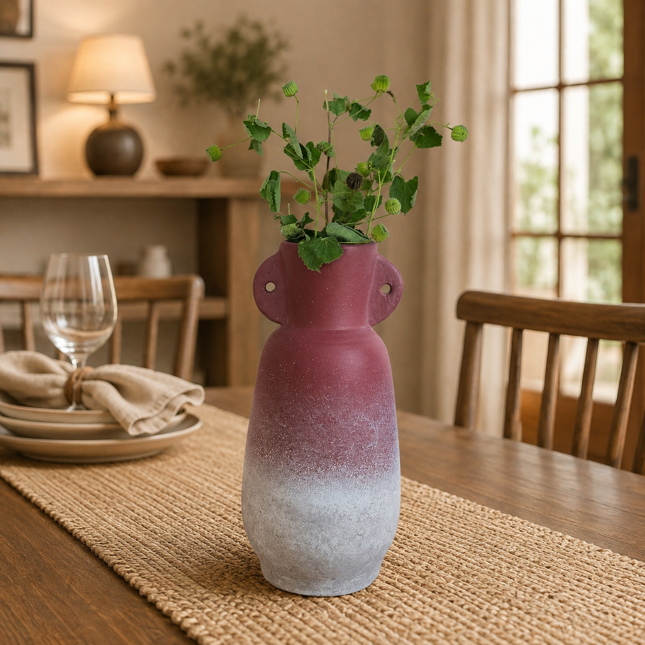 Ombre Ceramic Planter with Decorative Handles – Burgundy & Silver