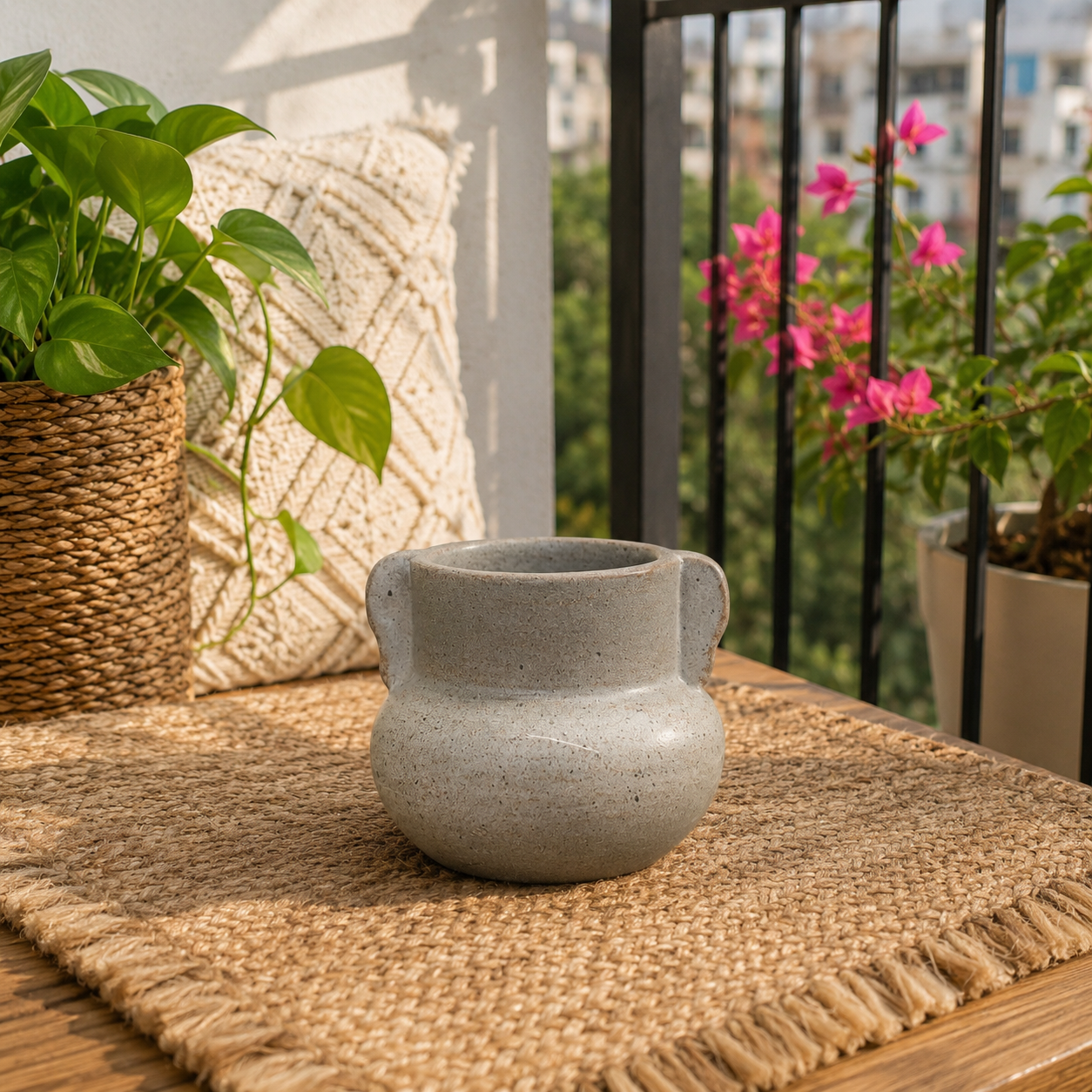 Rustic Stone-Finish Ceramic Planter with Handles