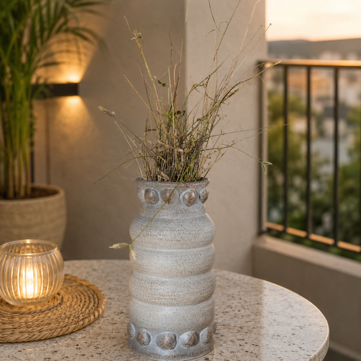 Rustic Embossed Ceramic Vase – Vintage White & Grey