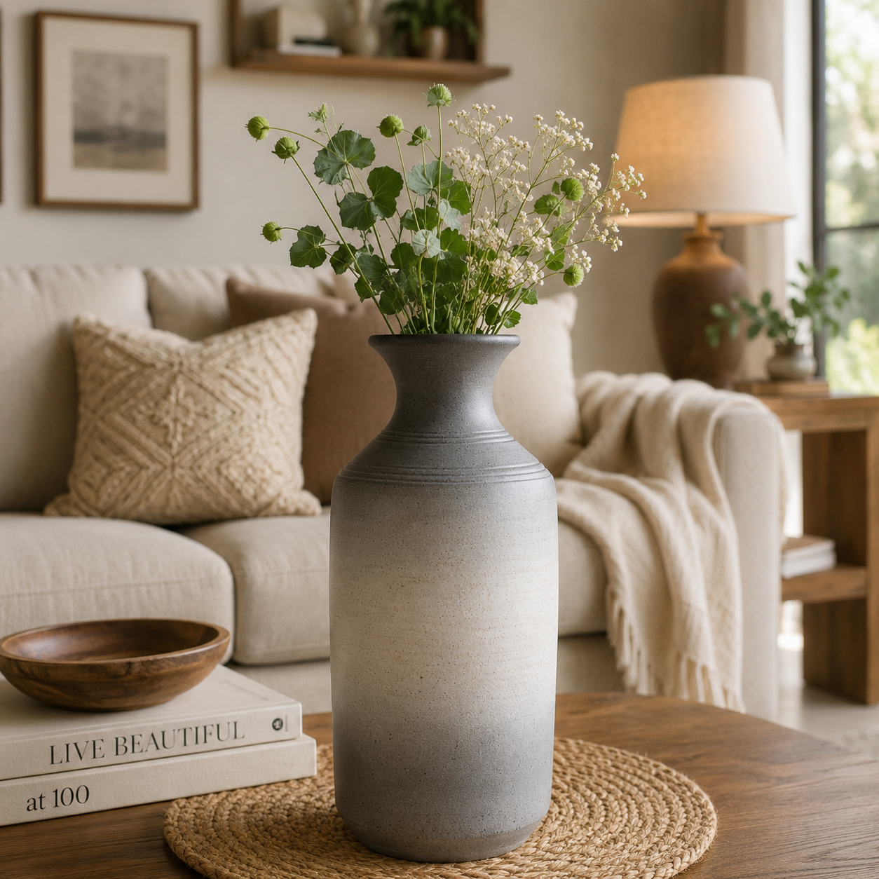 Rustic Double-Handle Ceramic Vase – Antique Beige