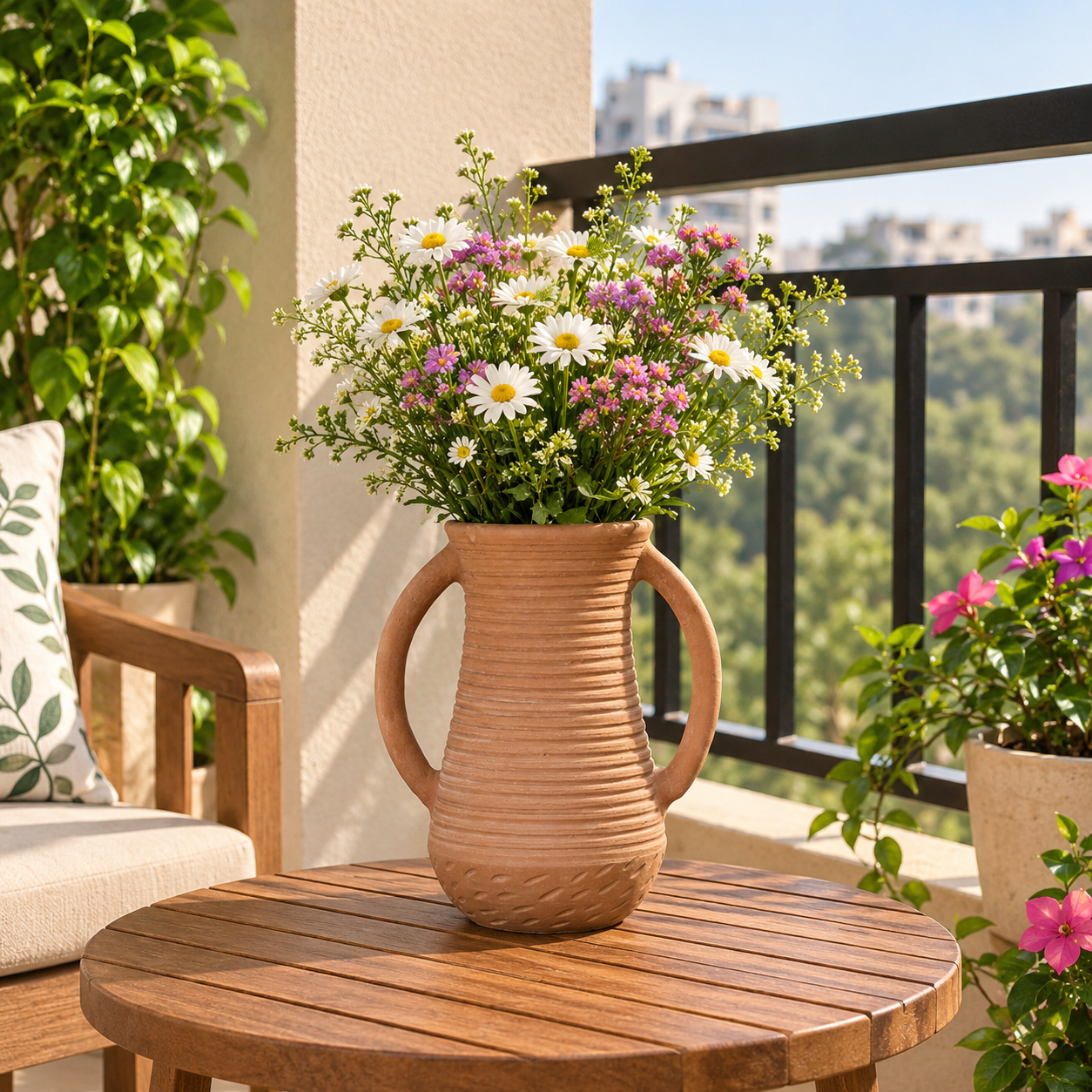 Terracotta Twin-Handle Ribbed Vase – Rustic Decorative Flower Vase