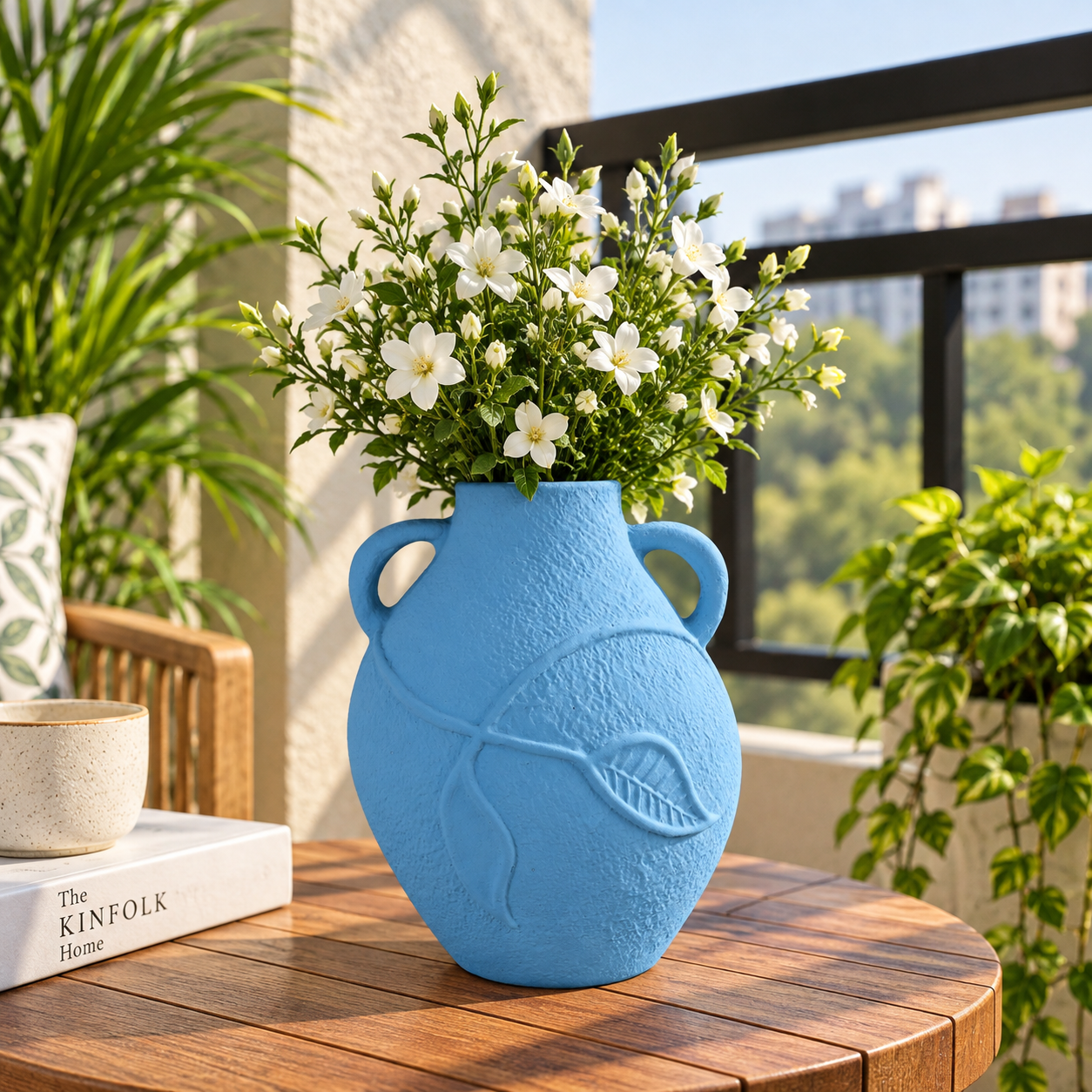 Blue Leaf Relief Ceramic Vase – Handcrafted Double-Handle Decorative Vase