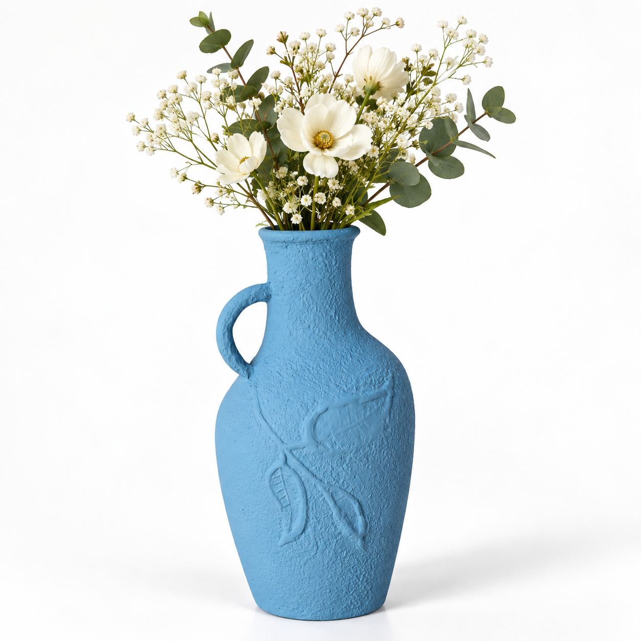 Blue Botanical Leaf Embossed Ceramic Vase