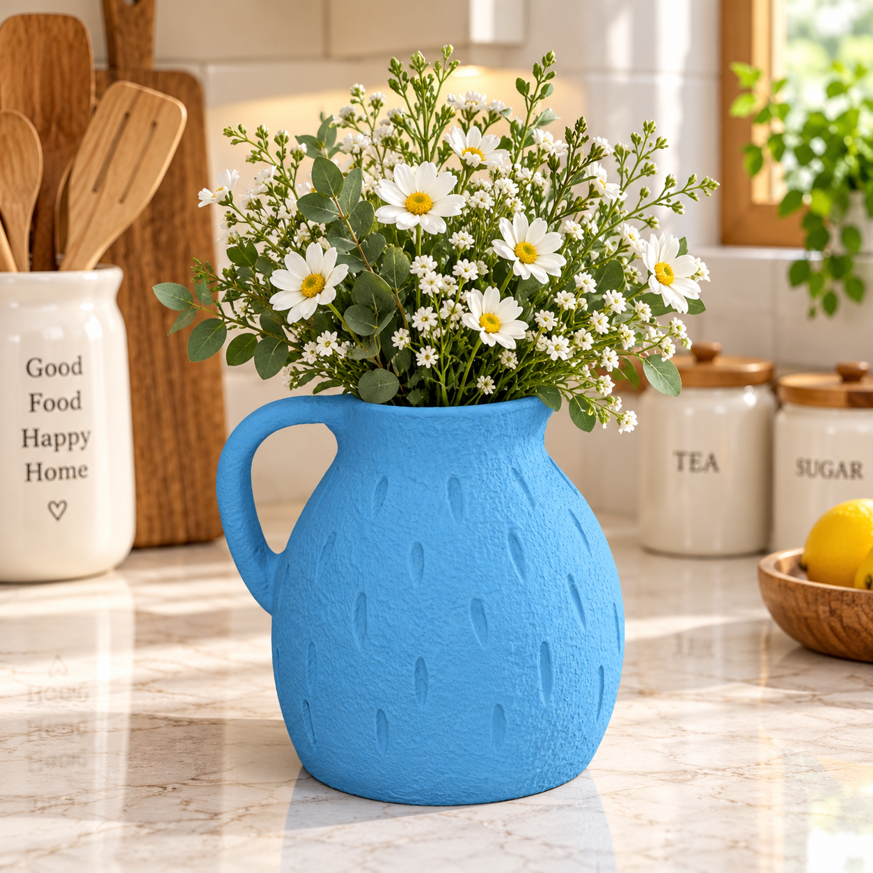 Rustic Blue Textured Flower Pitcher Vase