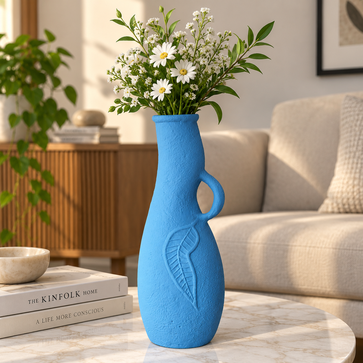 Sky Blue Leaf Embossed Ceramic Vase with Handle