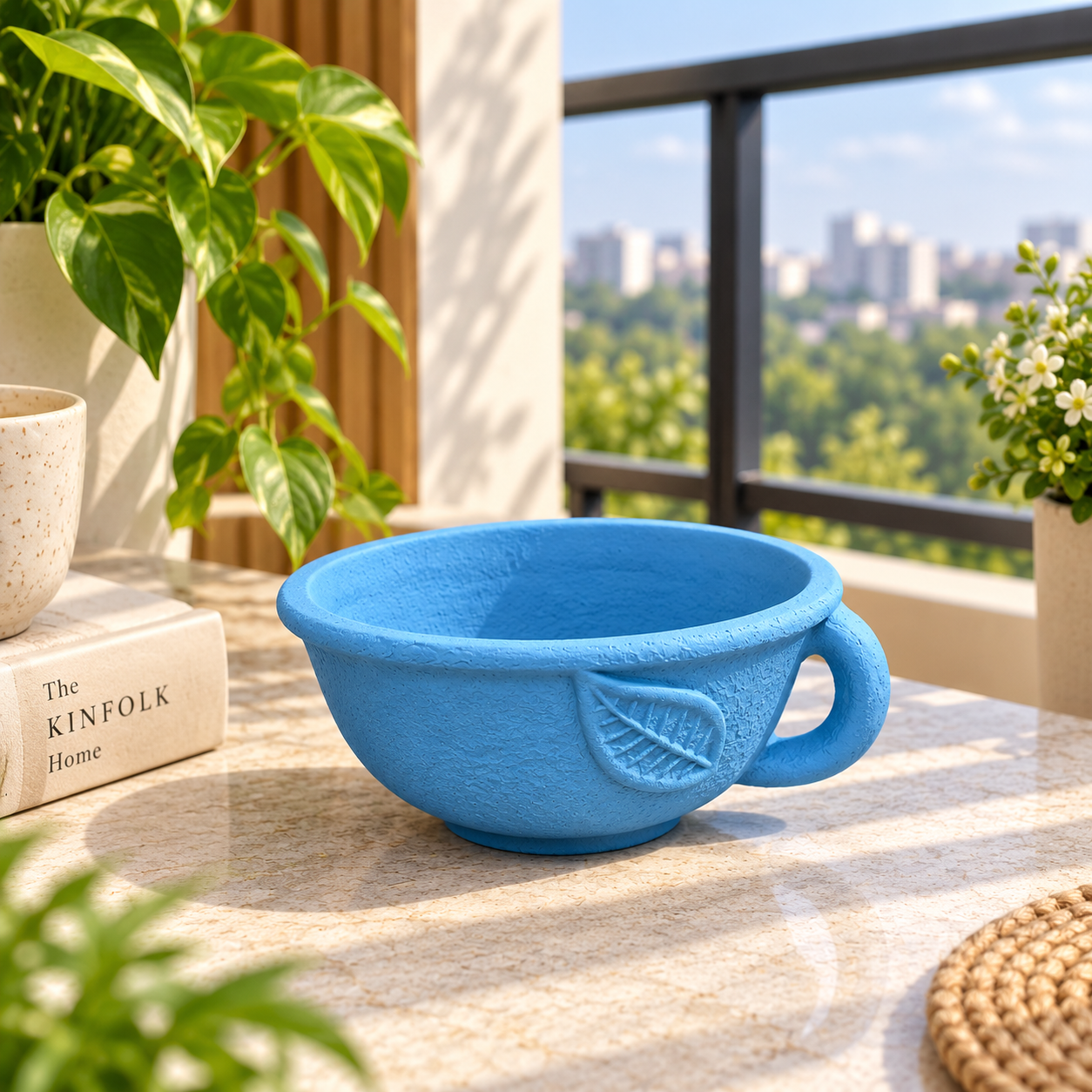 Sky Blue Textured Ceramic Decorative Bowl with Leaf Handle