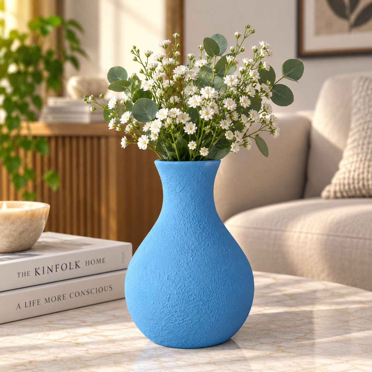 Sky Blue Textured Decorative Vase