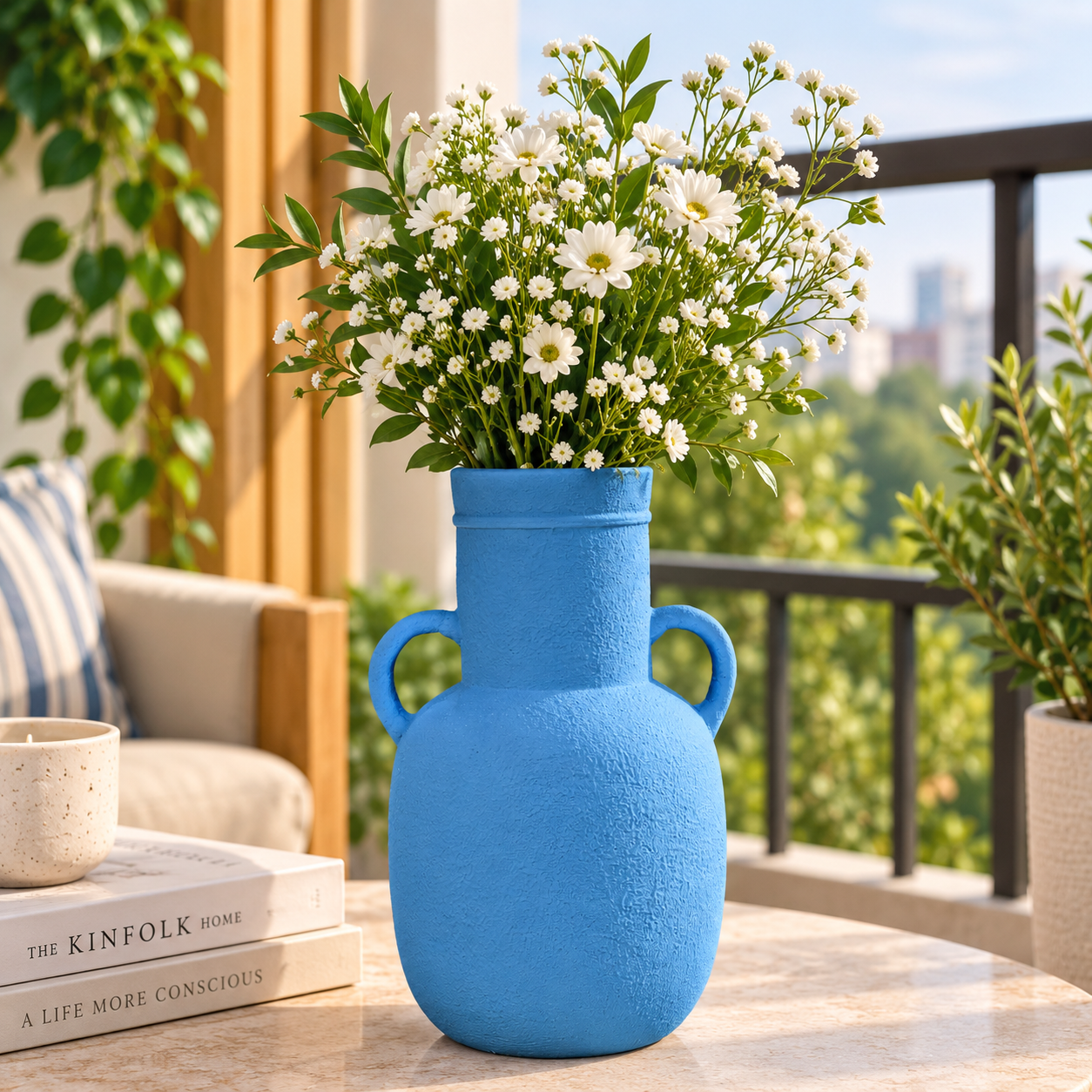 Sky Blue Double-Handle Textured Decorative Vase
