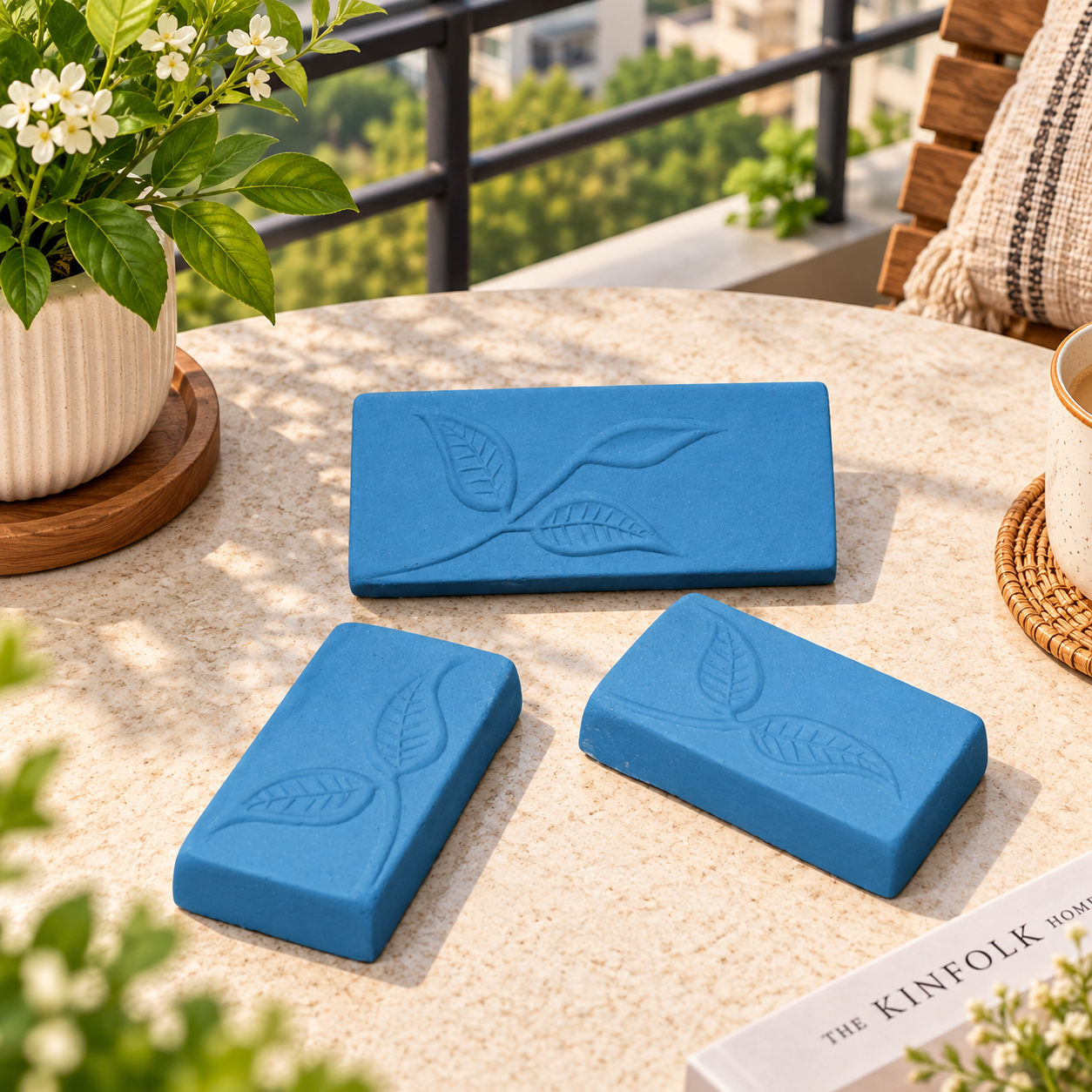 Blue Leaf Embossed Decorative Coaster Set
