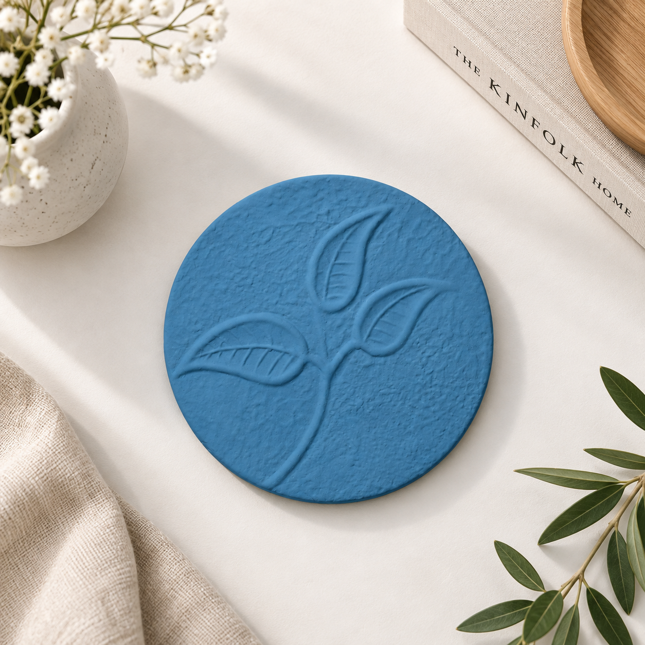 Blue Leaf Embossed Round Coaster