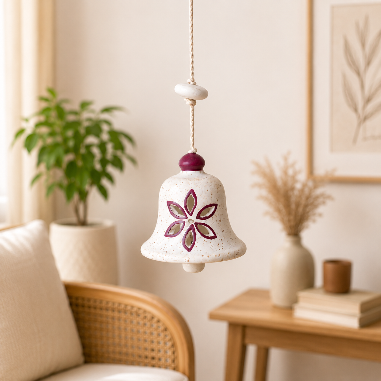 Handcrafted White Ceramic Hanging Bell with Burgundy Floral Cutwork