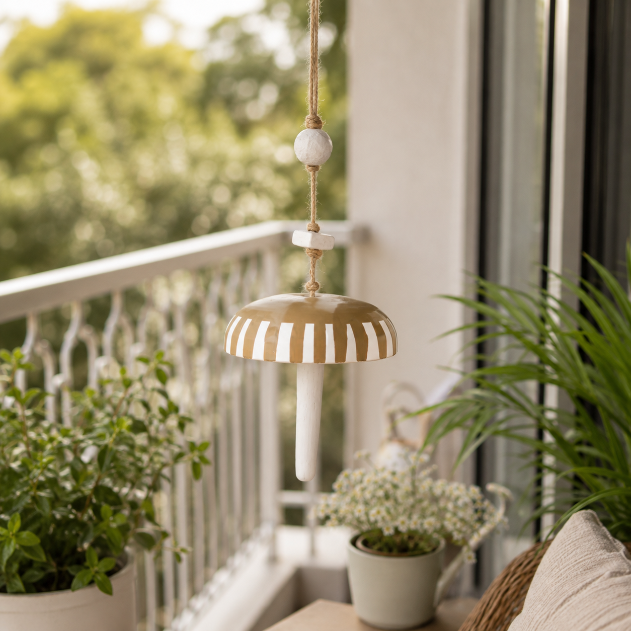 Handcrafted White & Mustard Ceramic Mushroom Hanging Bell
