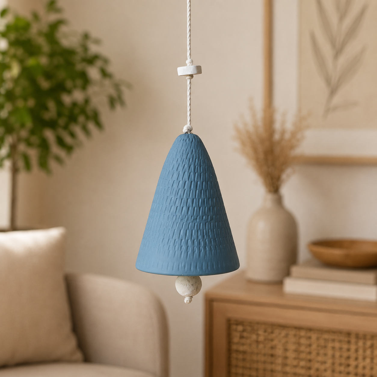 Handcrafted Blue Textured Ceramic Hanging Bell with White Clapper