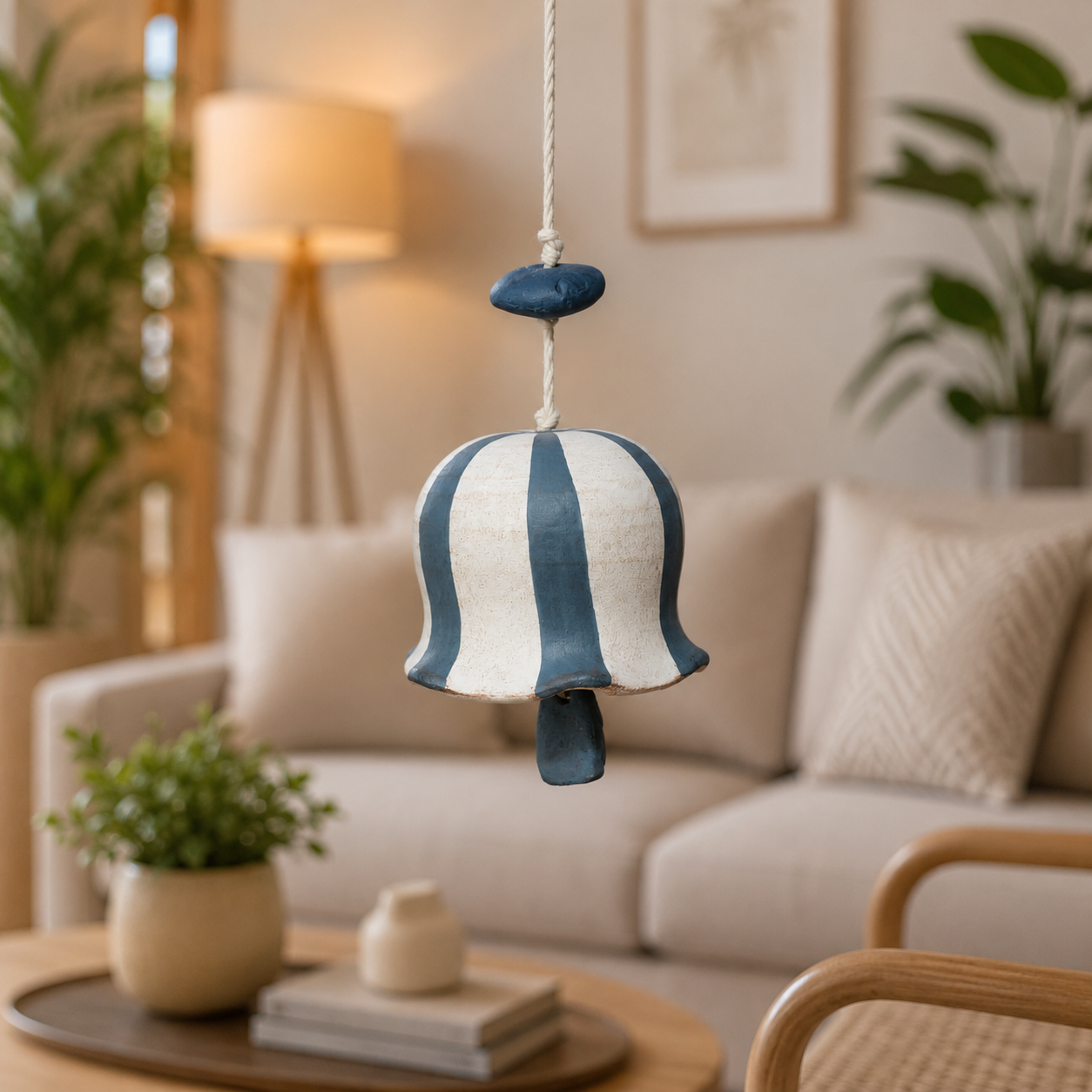 Handcrafted Blue & White Striped Ceramic Hanging Bell