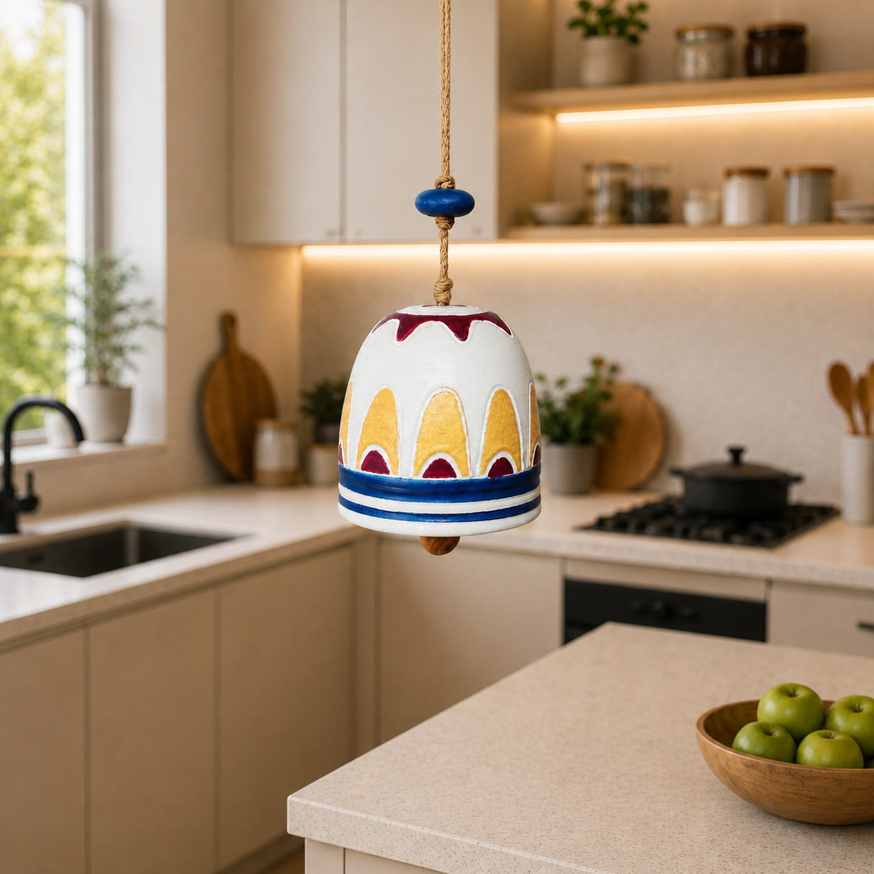 Handcrafted White Ceramic Hanging Bell with Yellow, Red & Blue Folk Design
