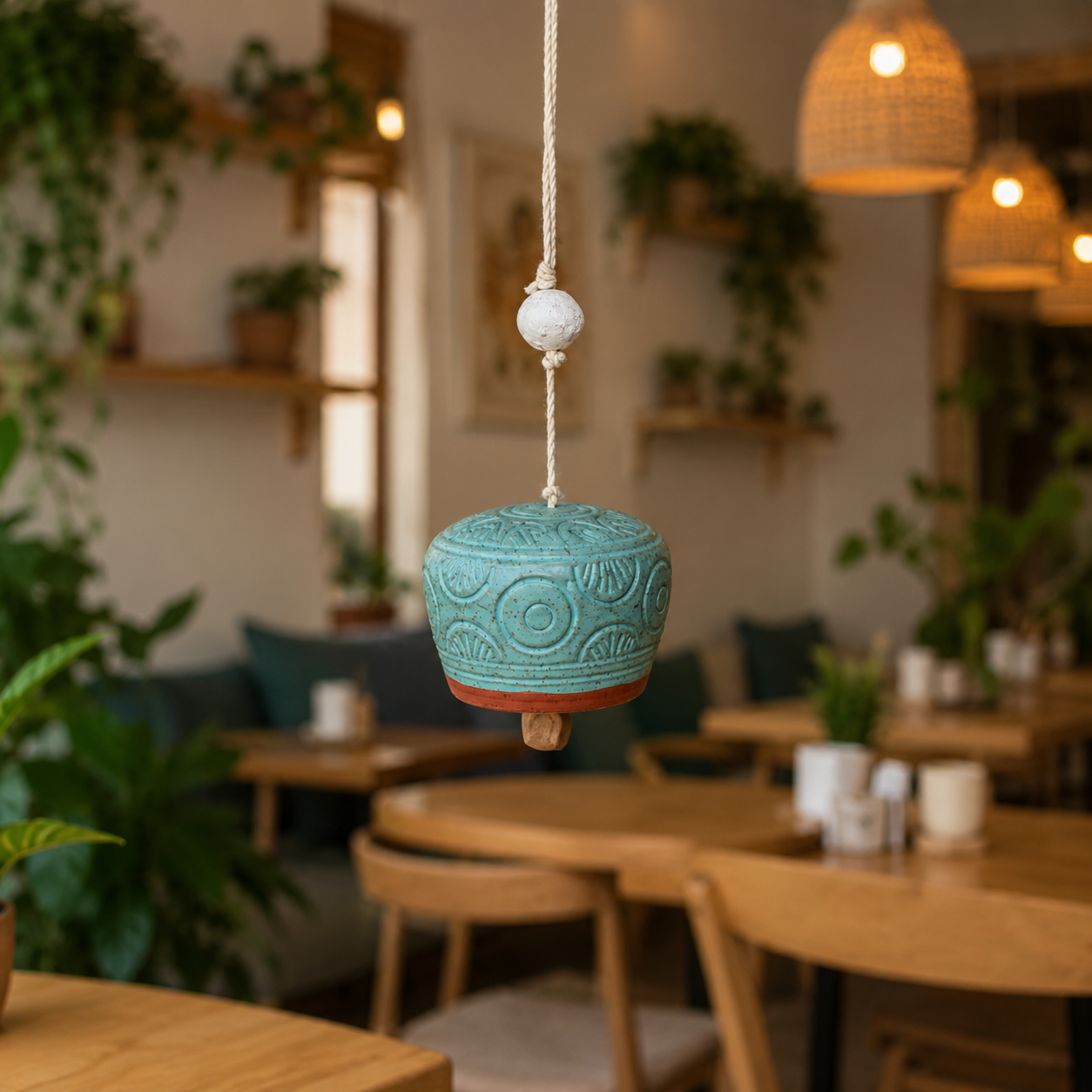 Handcrafted Turquoise Blue Ceramic Hanging Bell with Folk Art Pattern