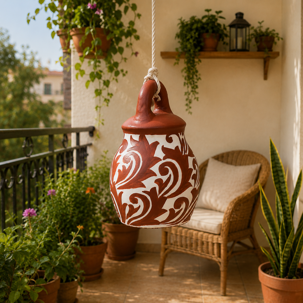 Handcrafted Terracotta Hanging Bell with White Floral Folk Art