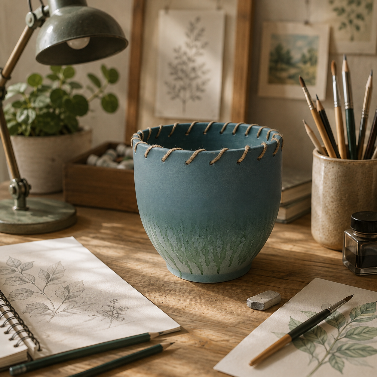 Handcrafted Blue Ceramic Planter with Jute Rope Detailing