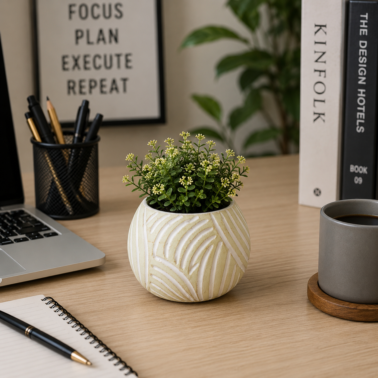 Handcrafted White Ceramic Planter with Geometric Textured Design