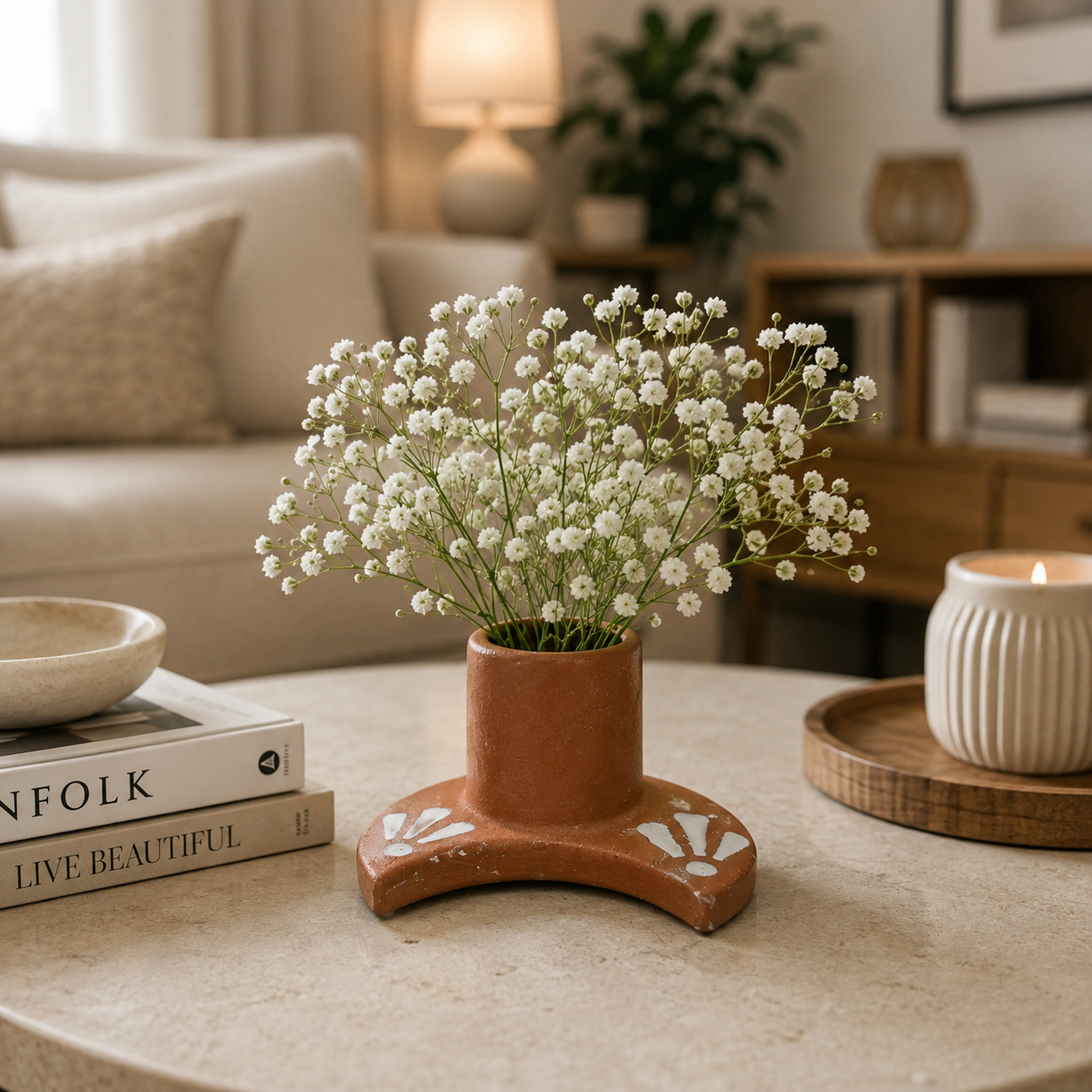Handcrafted Terracotta Planter with Decorative White Motif Base