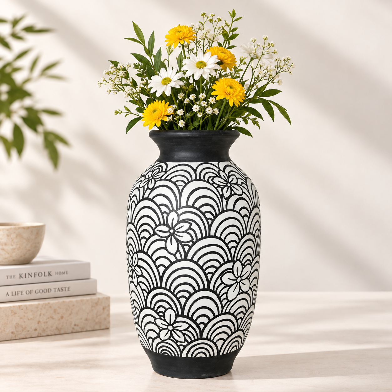 Handcrafted Black & White Ceramic Vase with Floral Arch Pattern