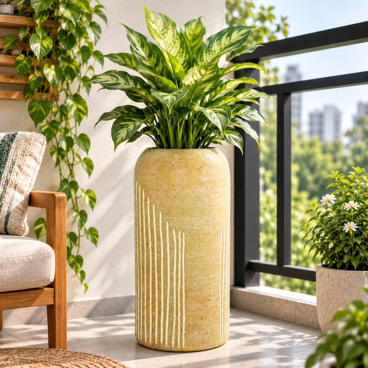 Handcrafted Beige Ceramic Planter with Vertical Textured Design