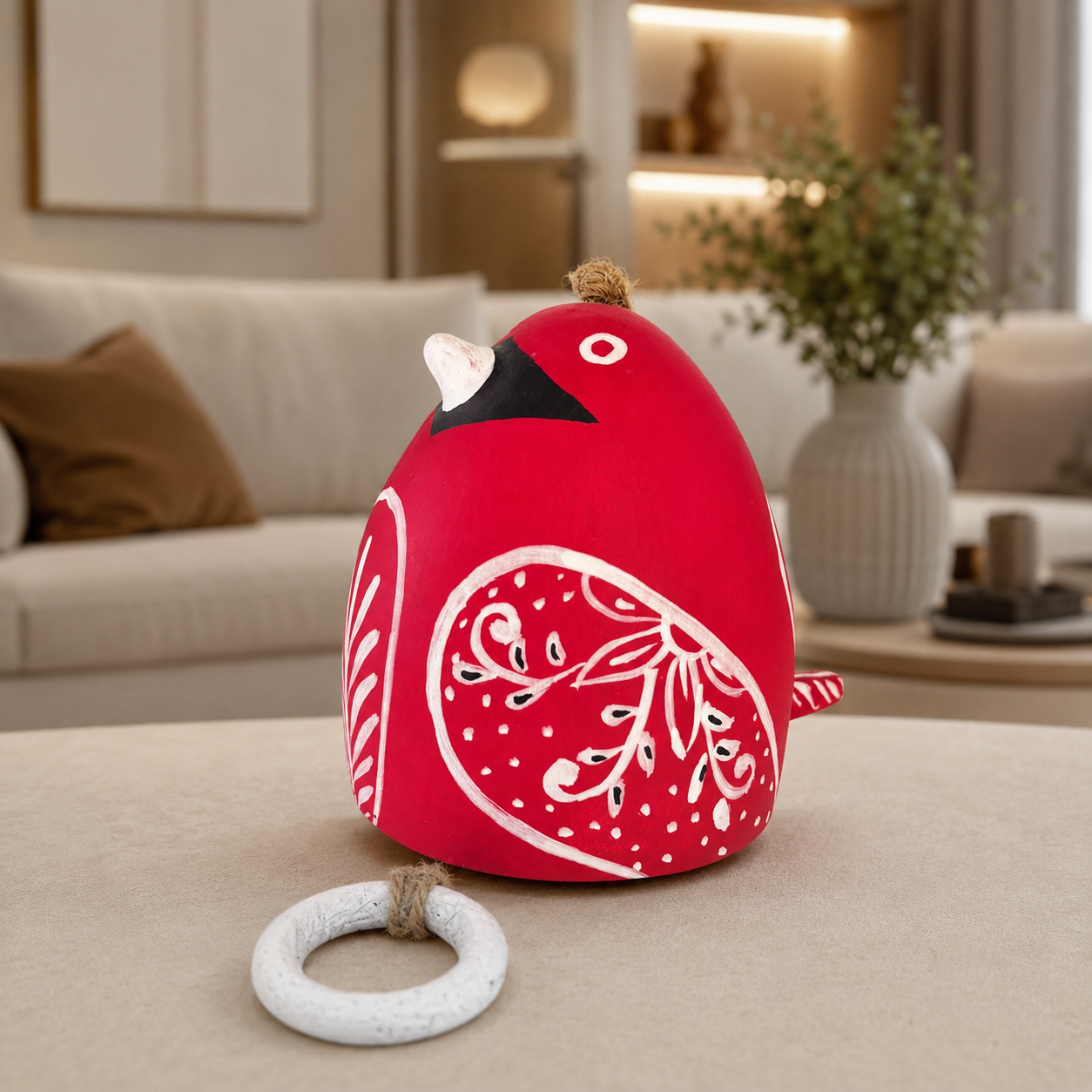 Handcrafted Red Bird Hanging Décor with Folk Art Detailing