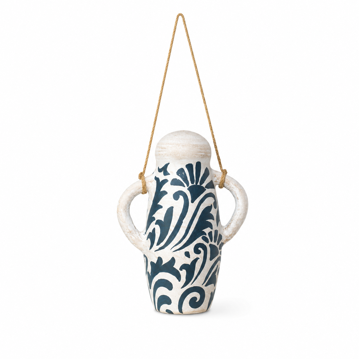Handcrafted White & Blue Ceramic Hanging Planter with Floral Folk Art