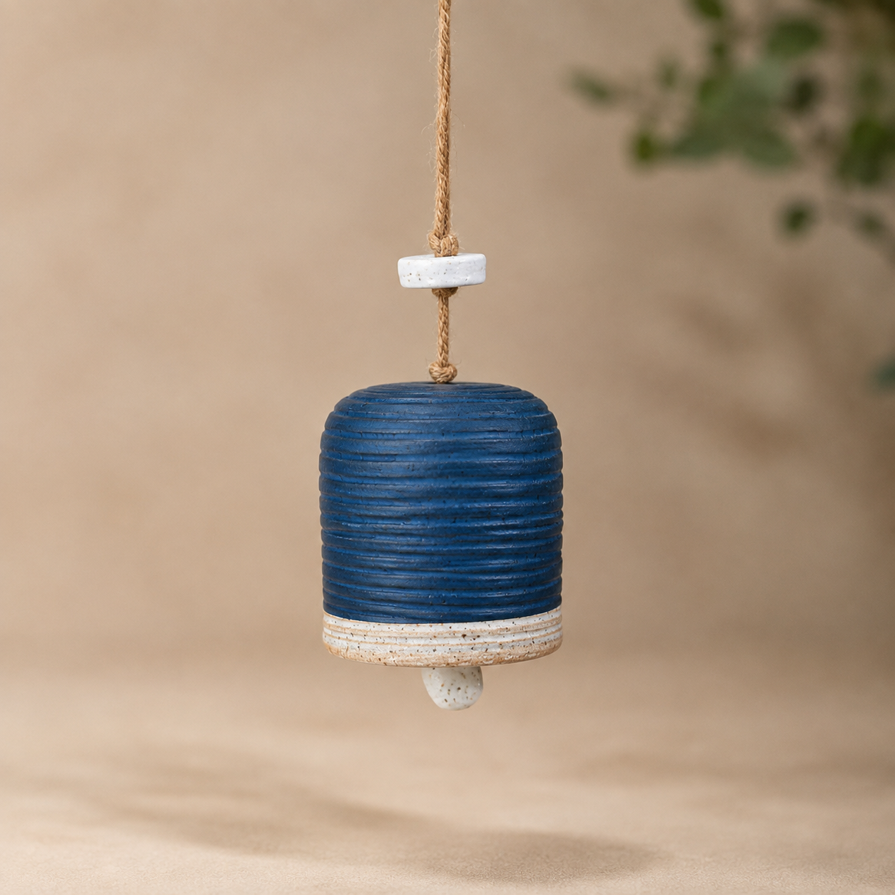 Handcrafted Blue Ceramic Hanging Bell with Ribbed Texture
